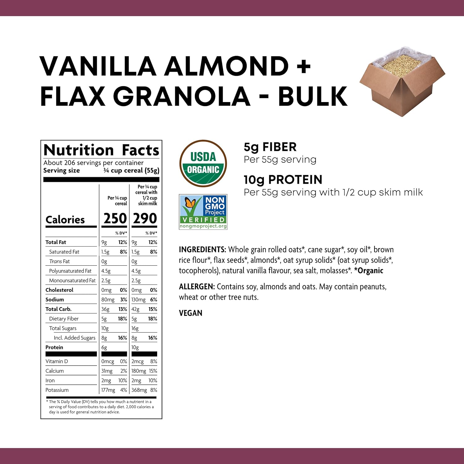 Nature's Path Organic Vanilla Almond and Flax Granola, 25 Lbs. Box