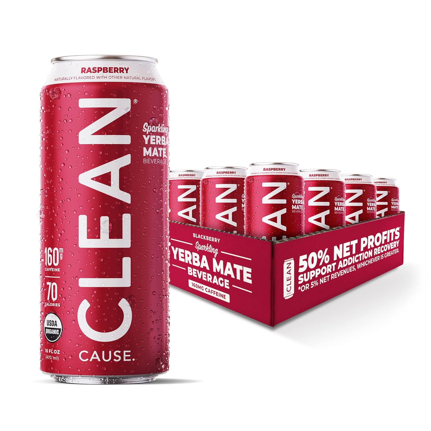 Clean Cause Low Calorie Raspberry Usda Organic Sparkling Yerba Mate Tea (16Oz Cans, 12-Pack Case) Low Sugar, 160Mg Caffeine, Healthy Alternative To Soda & Energy Drinks