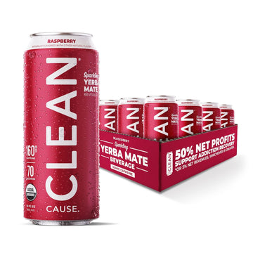 Clean Cause Low Calorie Raspberry Usda Organic Sparkling Yerba Mate Tea (16Oz Cans, 12-Pack Case) Low Sugar, 160Mg Caffeine, Healthy Alternative To Soda & Energy Drinks