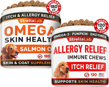 Omega 3 + Allergy Relief Dogs Bundle - Allergy & Itch + Skin & Coat Supplement - Omega 3 & Pumpkin - Itchy Skin +Itching & Licking Treats - 300 Chews - Chicken + Bacon Flavor - Made In Usa