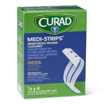 Curad Sterile Medi-Strips Reinforced Wound Closures, 1/2" X 4", Hypoallergenic, Case Of 4 Boxes, 50 Packs Per Box, 6 Strips Per Pack (1200 Strips Total)