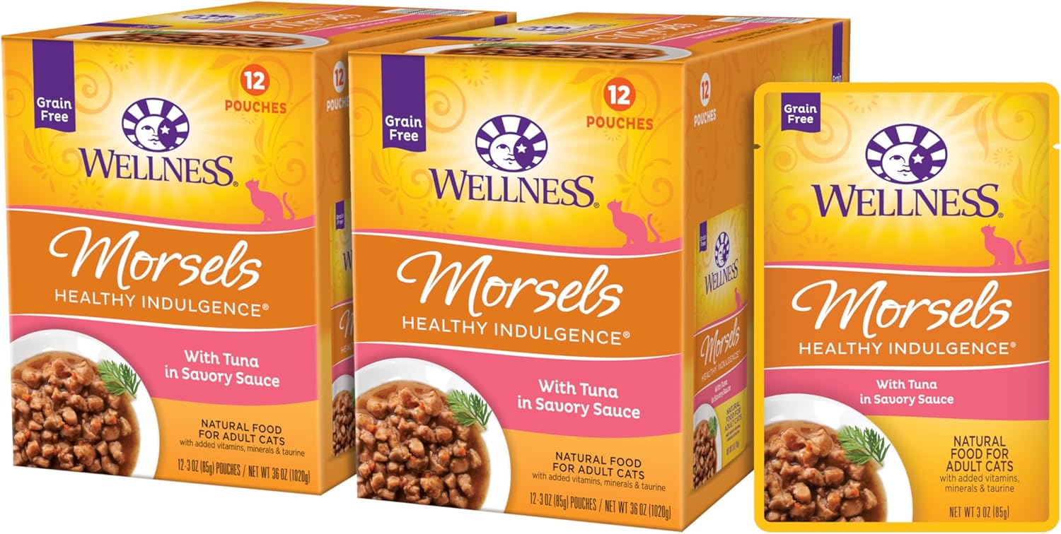 Wellness Healthy Indulgence Morsels Grain-Free Wet Cat Food, Made With Natural Ingredients And Proteins, Complete And Balanced Meal, 3 Oz Pouches (Tuna In Savory Sauce, 24 Pack)