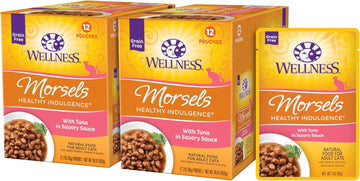 Wellness Healthy Indulgence Morsels Grain-Free Wet Cat Food, Made With Natural Ingredients And Proteins, Complete And Balanced Meal, 3 Oz Pouches (Tuna In Savory Sauce, 24 Pack)