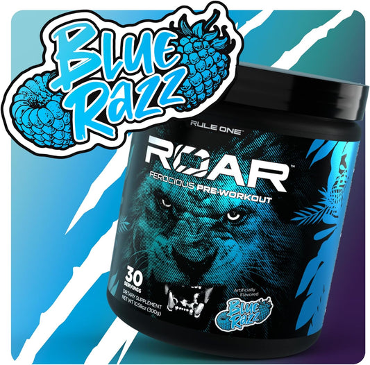 Rule 1 R1 Roar, Blue Razz - 10.58 oz - Pre-Workout Powder - with Creat