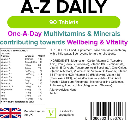 Lindens - Multivitamin A-Z Daily Tablets - 360 Pack (90 X 4) - Uk Made - Perfect Vitamin & Mineral Balance Of Vitamin A, C, D, E, B1, B2, B3, B6, B12, Folic Acid, Magnesium, Iron, Zinc & Iodine