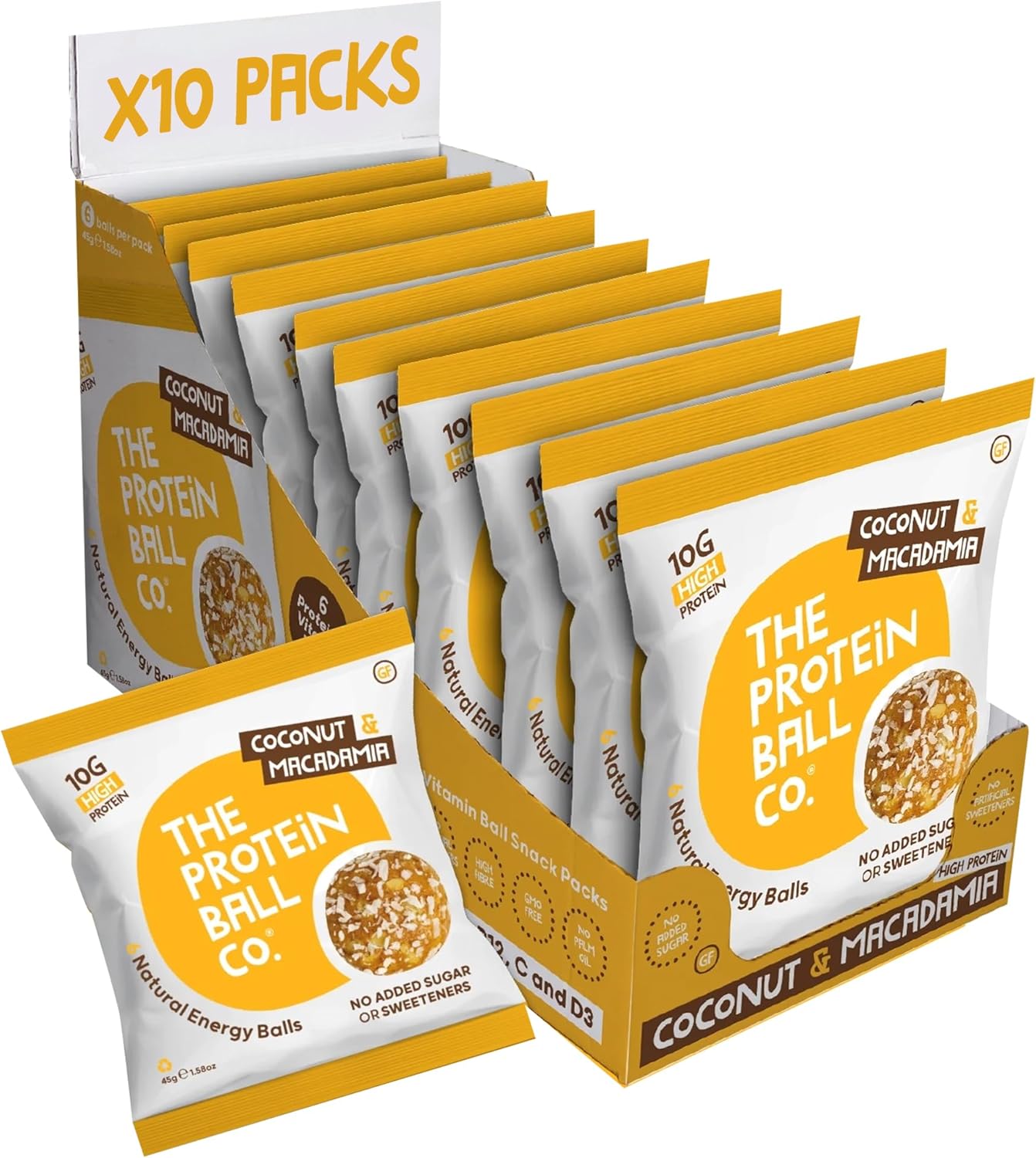 Protein Balls Coconut And Macadamia By The Protein Ball Co - 100% Natural, Vitamin Enriched, Protein Snacks - 10 X 45G Bags - High Fibre, Gluten Free, No Added Sugar