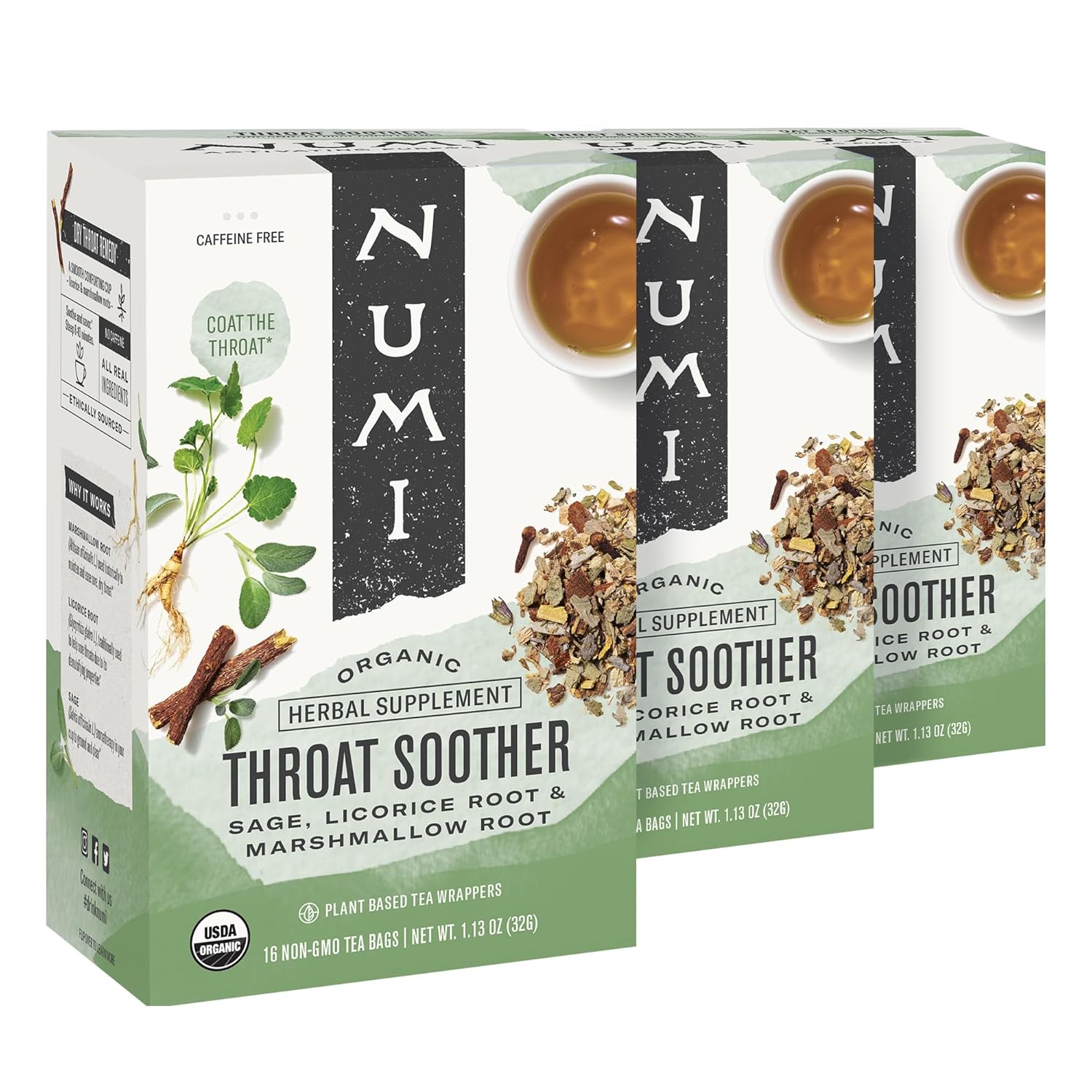 Numi Organic Throat Soother Tea, 16 Tea Bags (Pack Of 3), Licorice And Marshmallow Root Tea