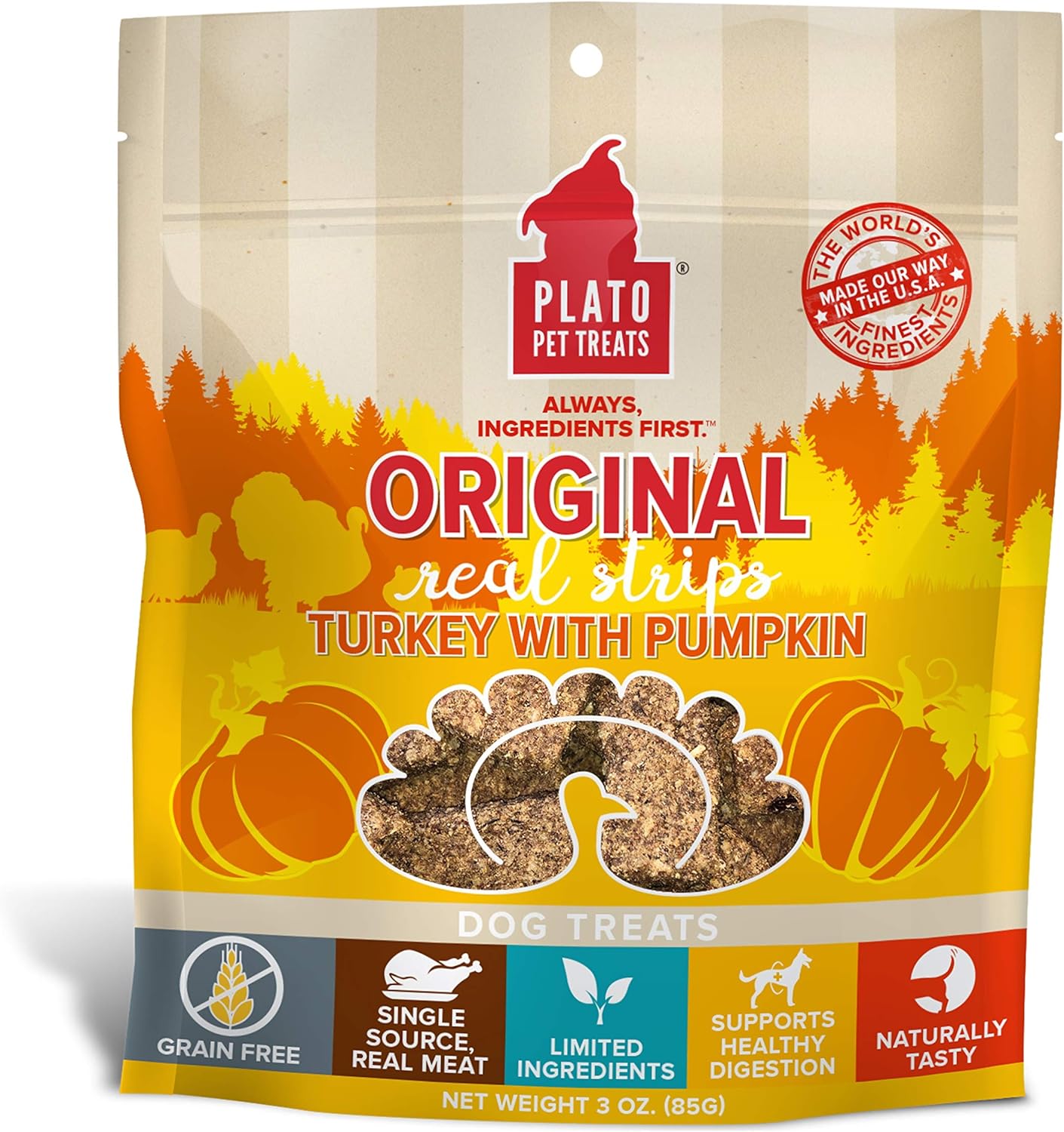 Plato Turkey Real Strips Natural Dog Treats - Real Meat - Air Dried - Made In The Usa - Turkey & Pumpkin, 3 Ounces