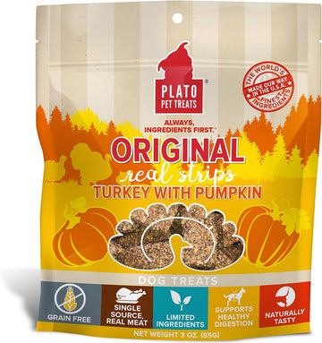Plato Turkey Real Strips Natural Dog Treats - Real Meat - Air Dried - Made In The Usa - Turkey & Pumpkin, 3 Ounces