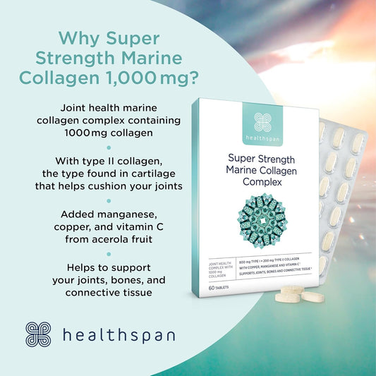 Healthspan 1,000mg Marine Collagen Complex 60 Tablets | 800mg Type I + 200mg Type II Collagen | Support Your Joints, Bones & Connective Tissue | Added Benefits for Skin & Beauty