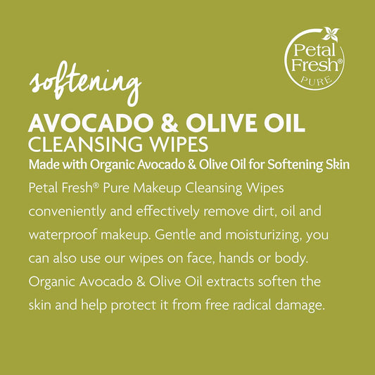 Petal Fresh Softening & Protecting Avocado & Olive Oil Makeup Removing, Cleansing Towelettes, Gentle Face Wipes, Daily Cleansing, Vegan and Cruelty Free, 60 count