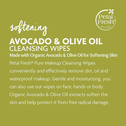 Petal Fresh Softening & Protecting Avocado & Olive Oil Makeup Removing, Cleansing Towelettes, Gentle Face Wipes, Daily Cleansing, Vegan And Cruelty Free, 60 Count