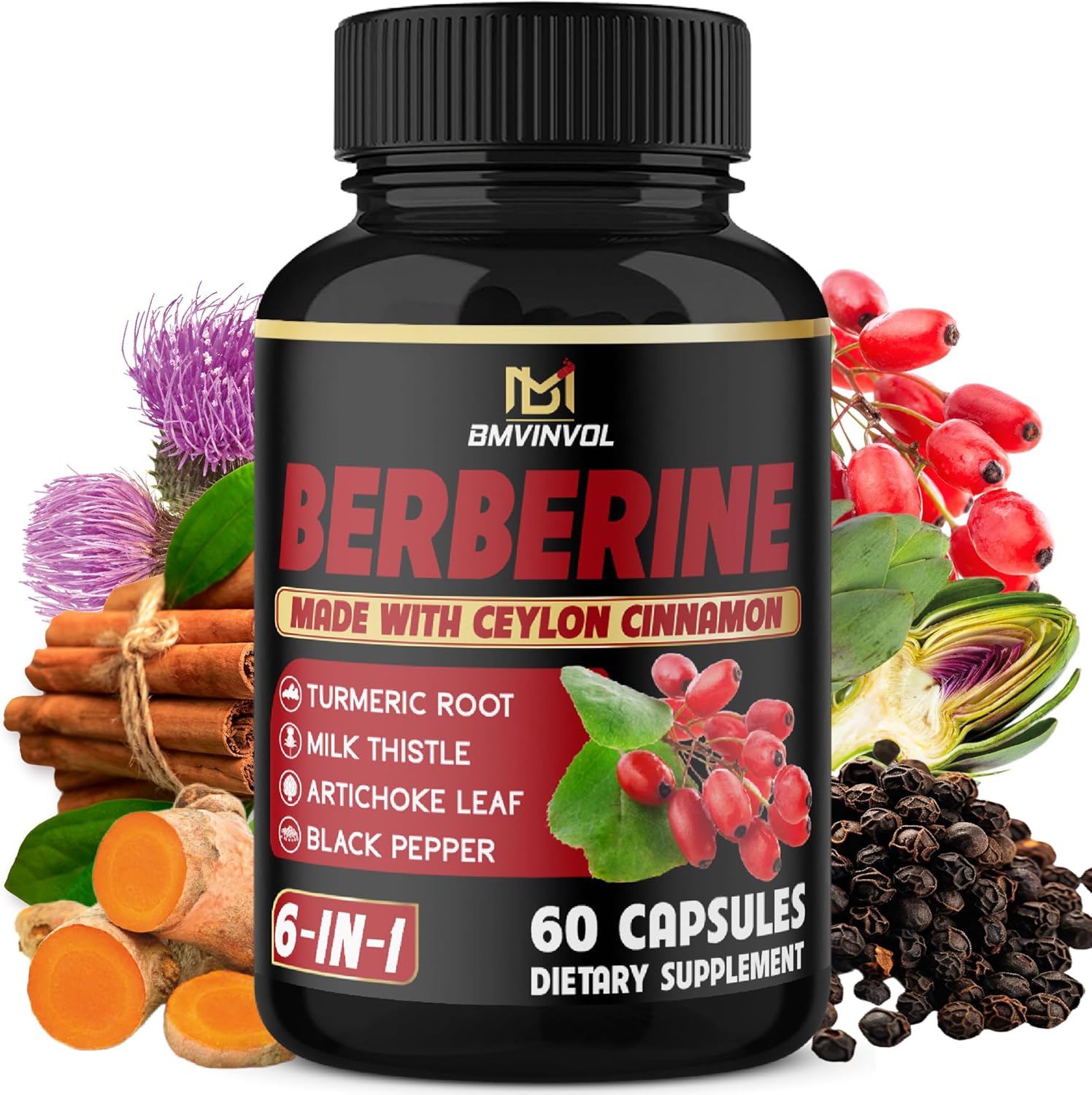 Berberine With Ceylon Cinnamon, Turmeric, Milk Thistle, Artichoke, Black Pepper - 60 Count - Pack Of 1