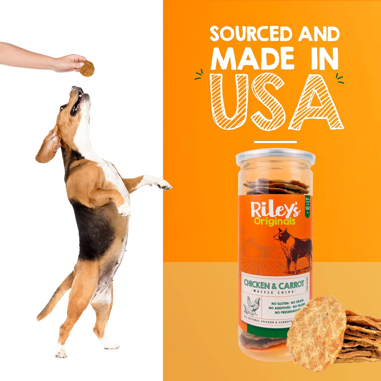 Riley's Waffles Chicken Chips for Dogs w Carrots - USA Sourced Chicken Dog Treats, Limited Ingredient Dog Treats, Dehydrated Jerky Treats Made in USA : Pet Supplies