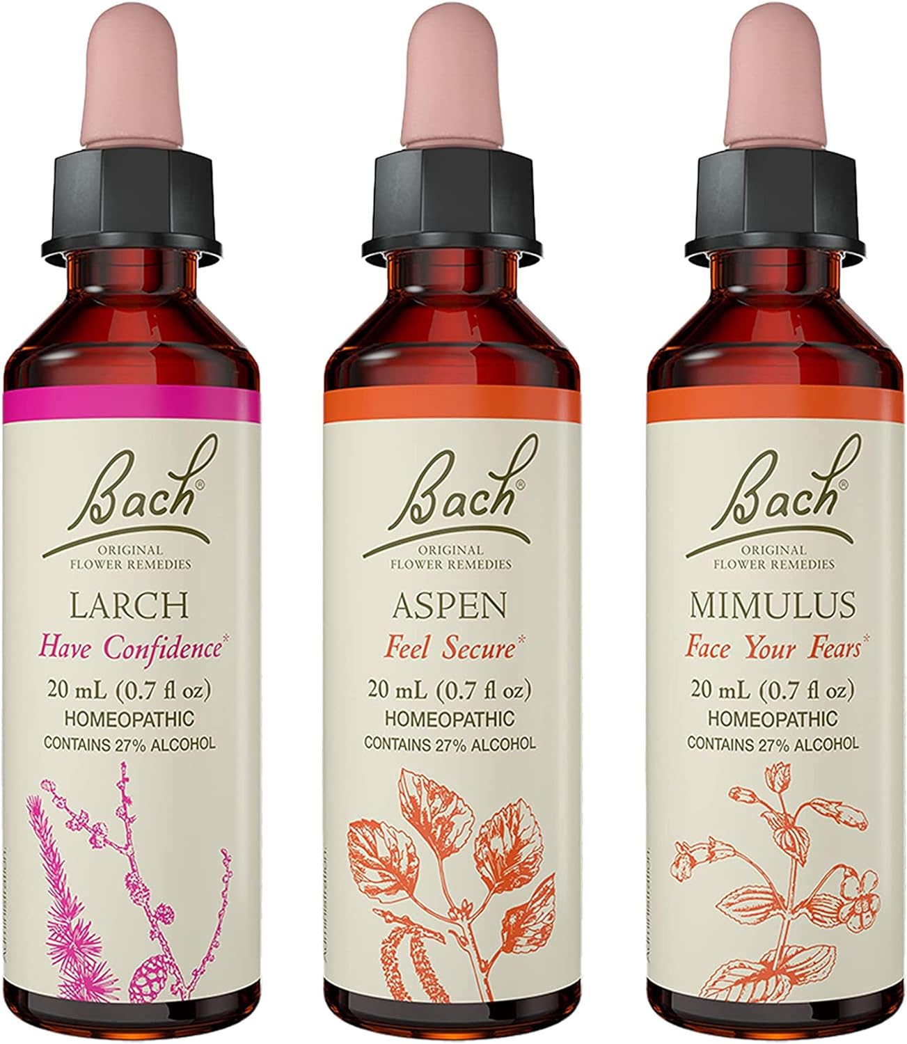Bach Original Flower Remedies 3-Pack, "Have Courage" - Aspen, Mimulus, Larch, Homeopathic Flower Essences, Vegan, 20mL Dropper x3, Empty Mixing Bottle x1