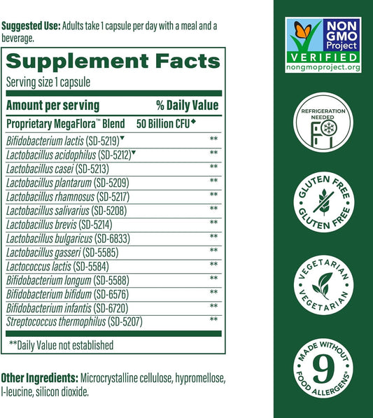 Megafood Megaflora Probiotic Plus - Probiotics For Women Digestive Health- Probiotics For Men - 50 Billion Cfus & 14 Strains - Immune Support Supplement - Vegetarian - 30 Capsules, 30 Servings