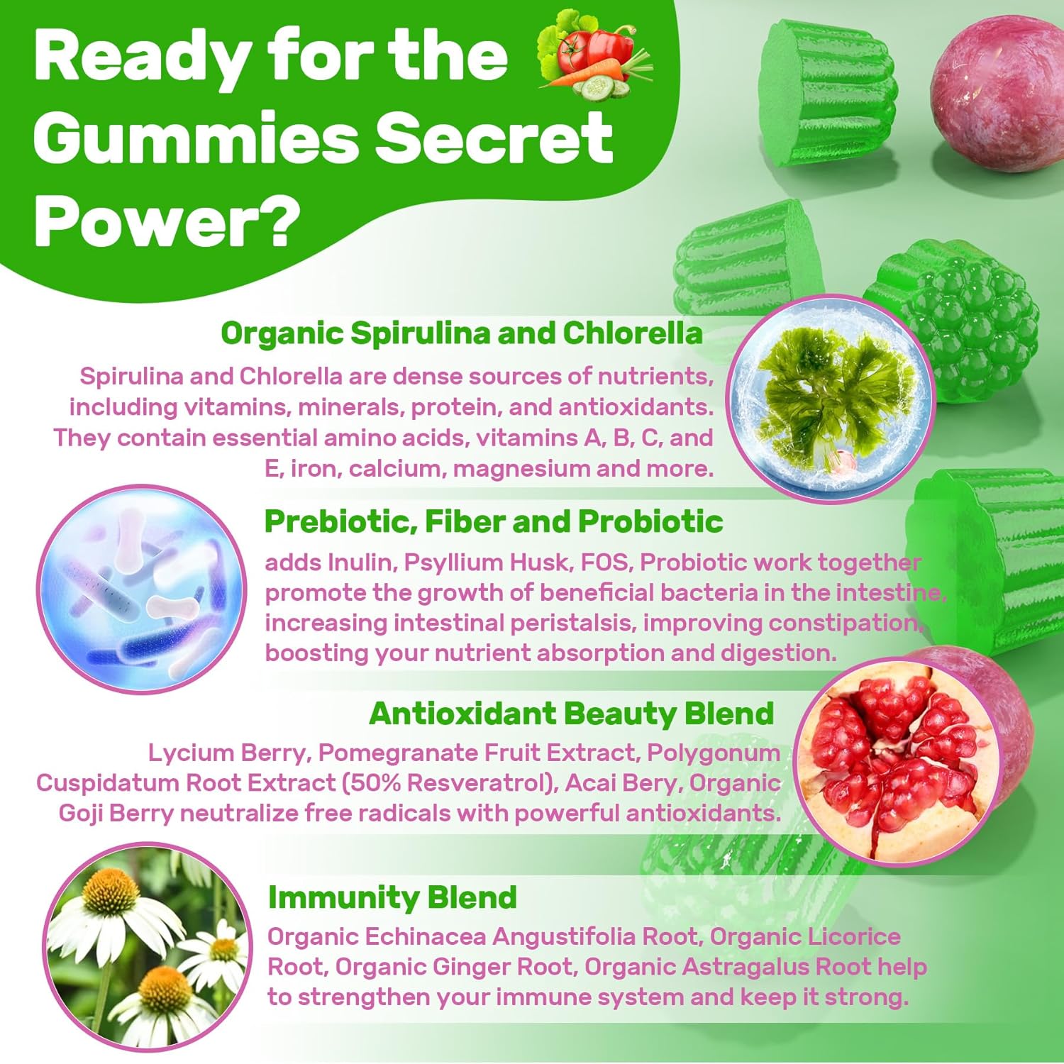 Super Greens Gummies, Greens Superfood Powder Alternative W/Spirulina, Chlorella, Prebiotic Fiber, Probiotic, Fruit Veggie, Daily Fruit Vegetable For Digestive & Gut Health, Immunity, Focus, 120 Cts : Health & Household