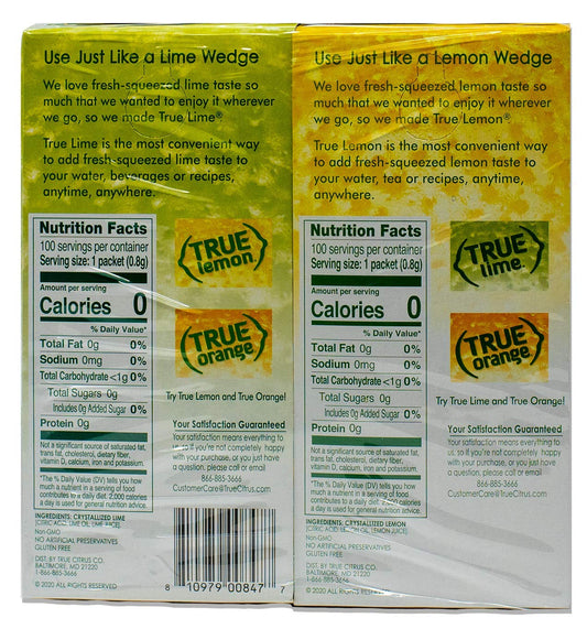 True Lemon And True Lime Crystallized Beverage Powder- Made From Real Lemon & Limes -100 Lemon & 100 Lime Packets