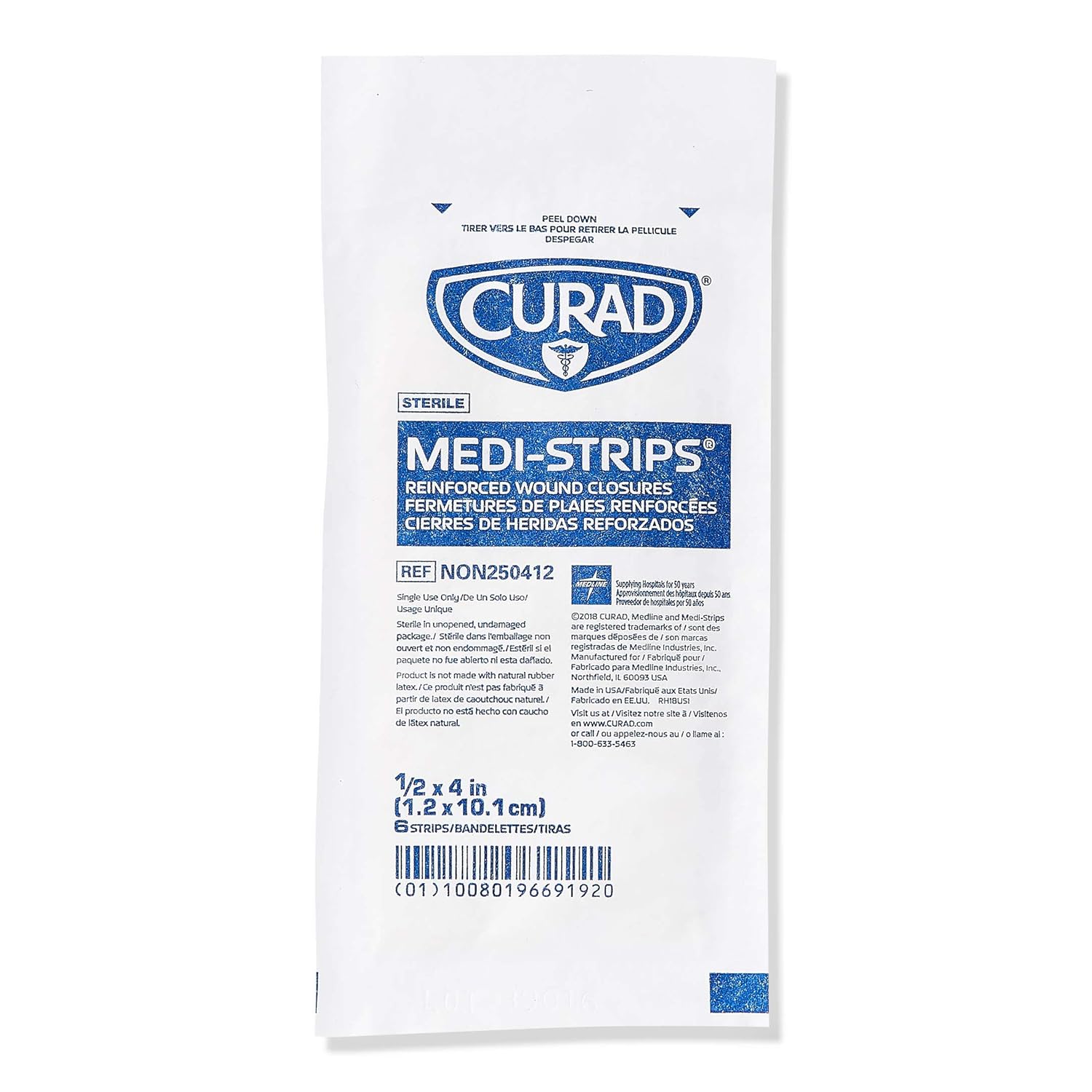 CURAD Sterile Medi-Strips Reinforced Wound Closures, 1/2" x 4", Hypoallergenic, Case of 4 Boxes, 50 Packs per Box, 6 Strips per Pack (1200 Strips Total) : Health & Household