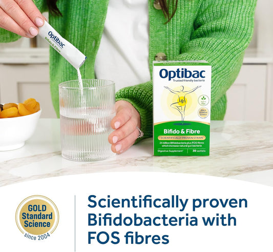 Optibac Probiotics Bifido & Fibre - Vegan Digestive Probiotic Supplement With Fos Fibre To Maintain Regularity & 25 Billion Bacterial Cultures - 30 Sachets