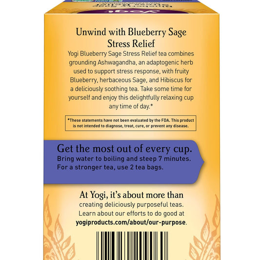 Yogi Blueberry Sage Stress Relief Organic Tea, Caffeine-Free, Vegan Friendly, Kosher, Usda Certified Organic, Non-Gmo, 16 Tea Bags (Pack Of 6)