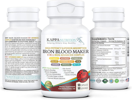 KAPPA NUTRITION (90 Capsules), Iron 26mg, Vitamin C & Orange 150mg, Folate 667mcg DFE, Vitamin B12, Beetroot, Brewers Yeast, Broccoli & MCT Oil 9 in 1 Advanced Complex from