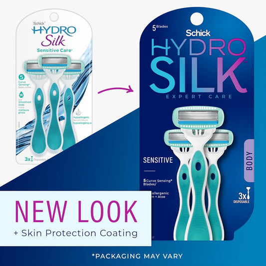 Schick Hydro Silk Sensitive Womens Disposable Razors, 2 Count, 5-Blade Disposable Razors For Women Sensitive Skin, Travel Razor For Women