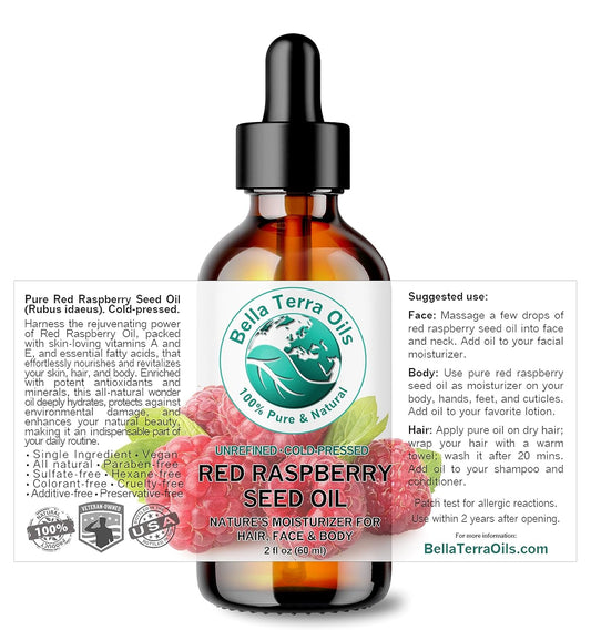 Bella Terra Oils - Red Raspberry Seed Oil 2 oz - Bursting with Omega Fatty Acids & Vitamin E, Luxurious Oil for Daily Skin Nourishment, Cold-Pressed Excellence