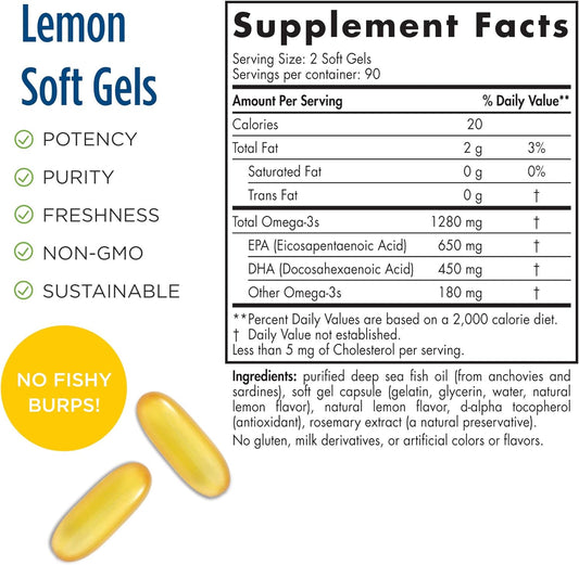 Nordic Naturals ProOmega, Lemon avor - 180 Soft Gels - 1280 mg Omega-3 - High-Potency Fish Oil with EPA & DHA - Promotes Brain, Eye, Heart, & Immune Health - Non-GMO - 90 Servings