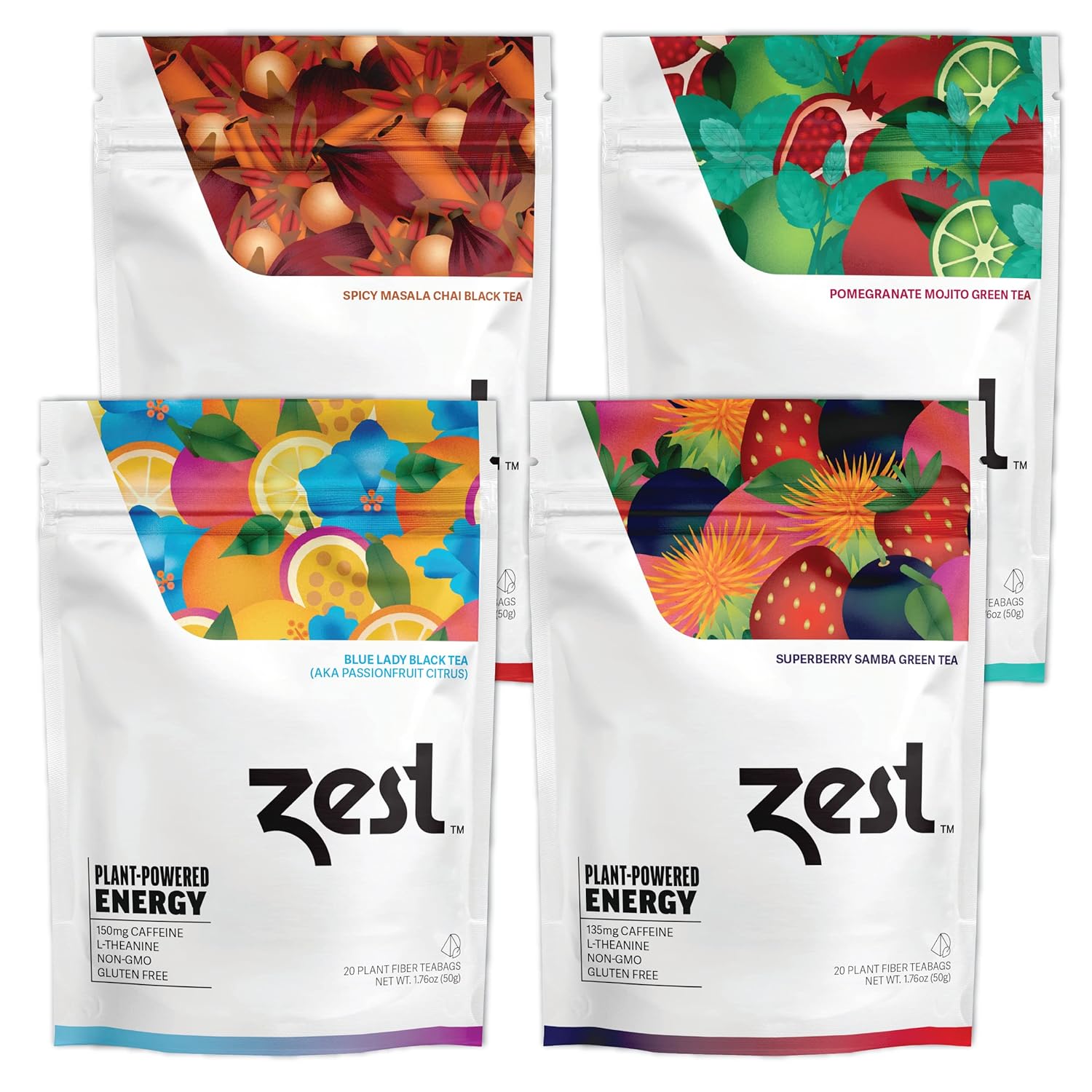 Zest 135-150Mg High Caffeine Energy Leaf Blends - Variety Sampler Pack - Black Tea & Green Tea - 80 Tea Bags - Natural Strong Flavored Healthy Coffee Alternative Highly Caffeinated Keto Substitute