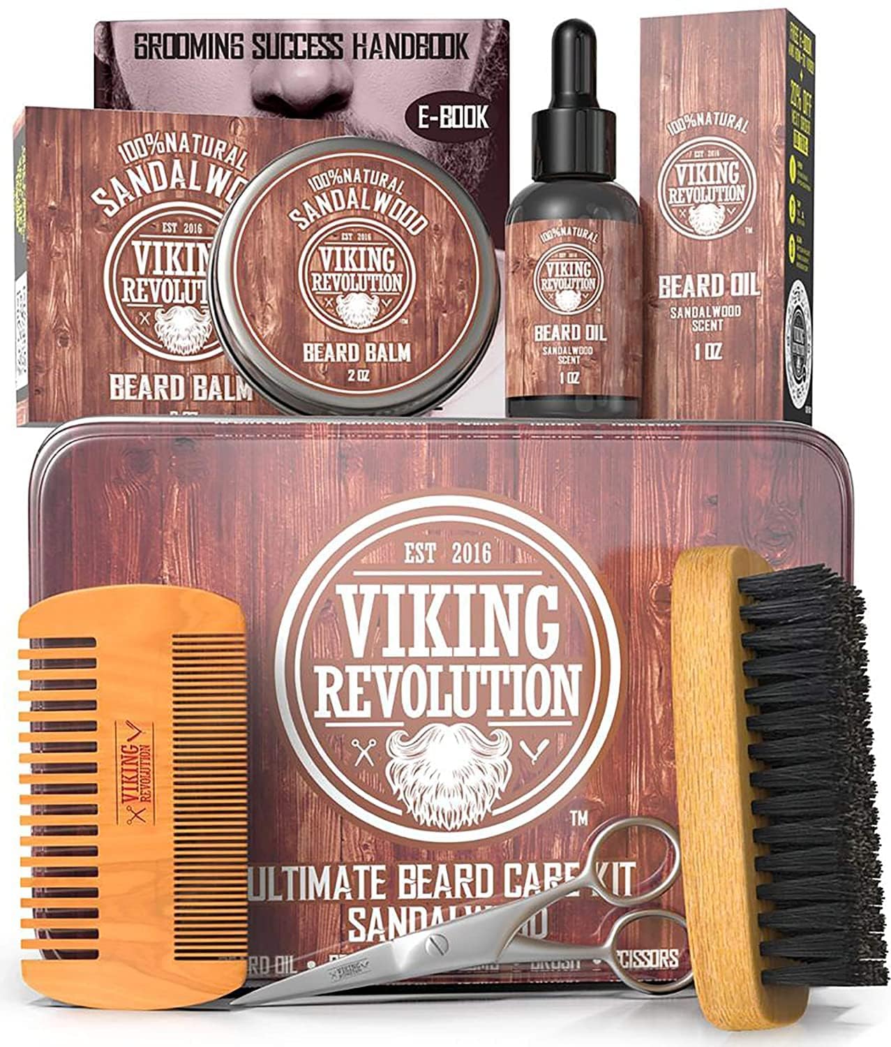 Viking Revolution Ultimate Grooming Kit For Men - Boar Brush, Wood Comb, Sandalwood Balm & Oil, Scissors For Beard & Mustache