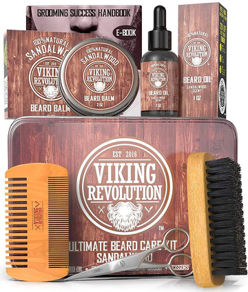 Viking Revolution Ultimate Grooming Kit For Men - Boar Brush, Wood Comb, Sandalwood Balm & Oil, Scissors For Beard & Mustache