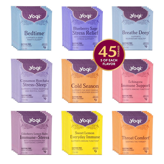 Get Well Yogi Tea Organic Sampler Gift Box - 5 Tea Bags Per Flavor (45 Tea Bags) - Assorted Delicious Wellness Teas - 9 Herbal Teas - Caffeine-Free Tea Variety Pack - Tea Gift Set