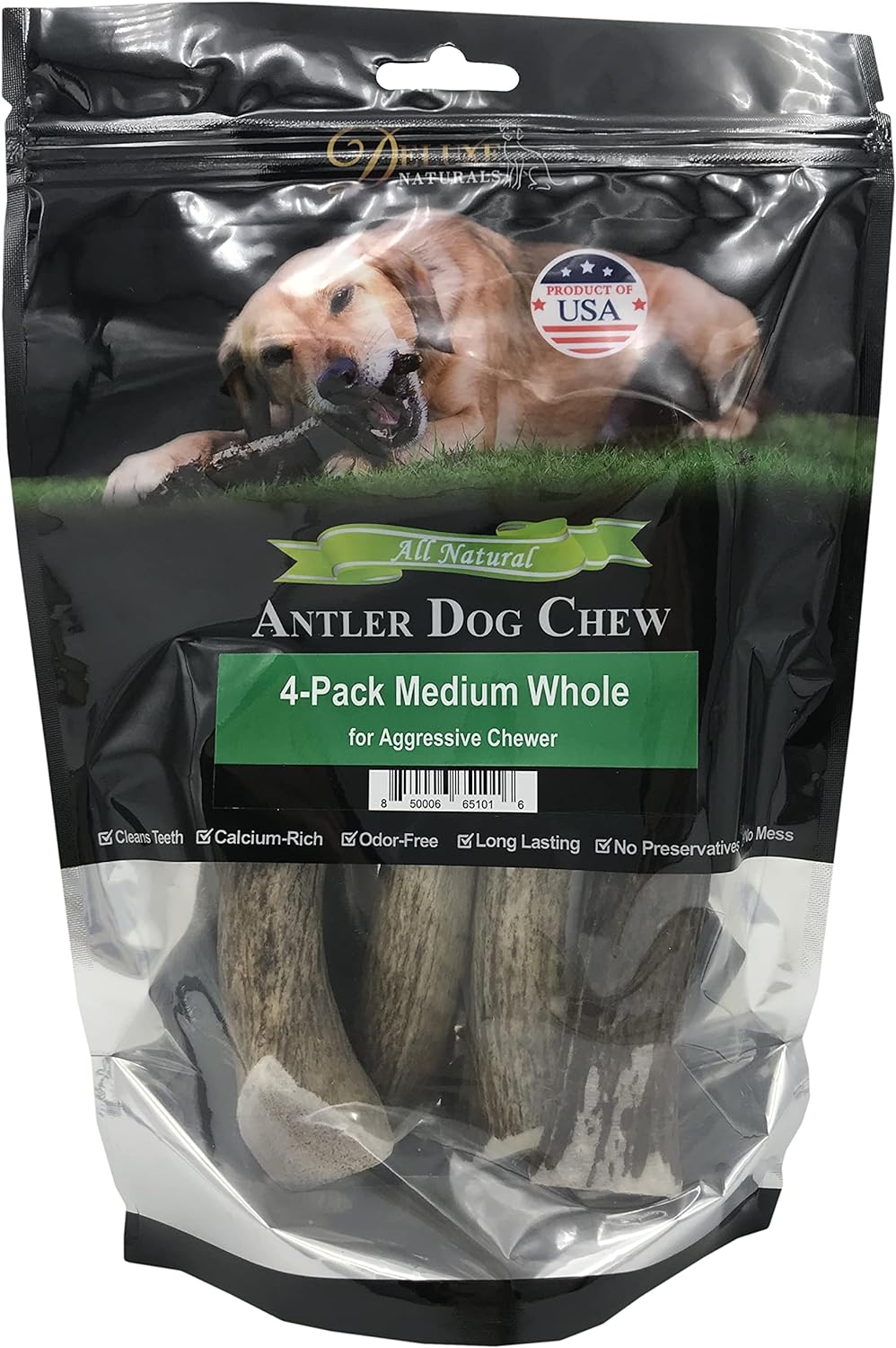 Deluxe Naturals Elk Antler Chews for Dogs | Naturally Shed USA Collected Elk Antlers | All Natural A-Grade Premium Elk Antler Dog Chews | Product of USA, 4-Pack Medium Whole : Pet Supplies