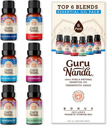 Gurunanda Essential Oil Blends (Set Of 6) - 100% Natural Essential Oil Set, Aromatherapy Oil Blends For Diffusers - Breathe Easy, Tranquility, Harmony, Sleep, Relaxation, Immunity