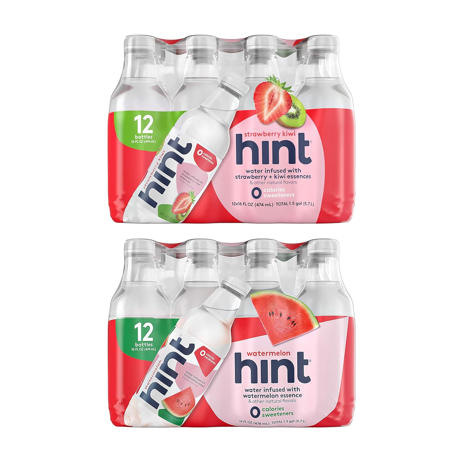 Hint Water Strawberry Kiwi And Hint Water Watermelon (Pack Of 24), 12 Bottles Hint Strawberry Kiwi & 12 Bottles Hint Watermelon, Zero Calories, Zero Sugar And Zero Diet Sweeteners, 16 Ounce Bottles