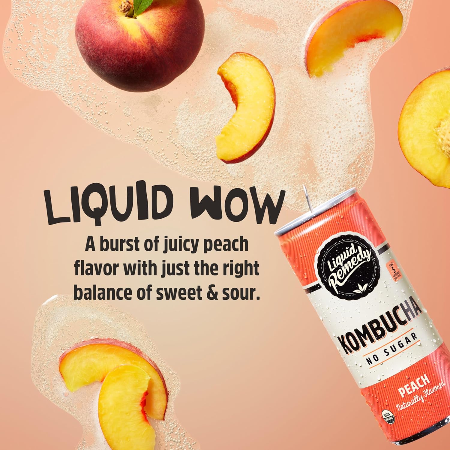 Liquid Remedy Kombucha Sugar Free Organic Drink, Low Calorie, Probiotic Like Tea For Gut Health - Peach - 8.5 Fl Oz Can, 24-Pack
