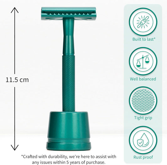 Metal Safety Razor With Stand | Sea Green Shaving Razor | Metal Razors For Men And Women | Bambaw