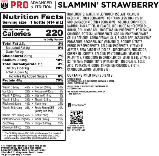 Muscle Milk Pro Series Protein Shake, Slammin' Strawberry, 40g Protein 12 Pack
