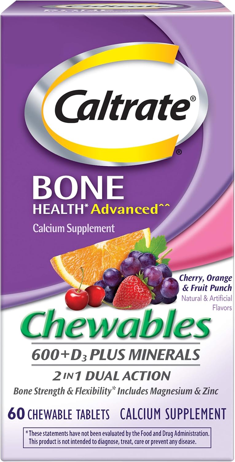 Caltrate Chewables 600 +D3 Plus Minerals Calcium And Vitamin D, Sugar Free, Cherry, Orange And Fruit Punch, 60 Count