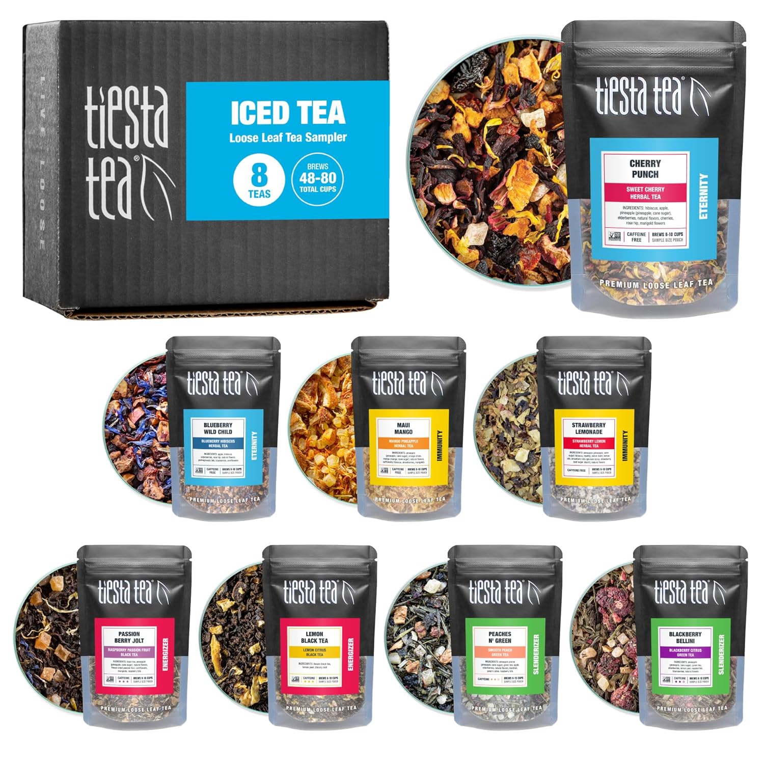 Tiesta Tea - Iced Tea Sampler Set, High To No Caffeine, Loose Leaf Variety Pack With 5 Base Flavors & 3 Assorted Flavors - 8 Resealable Sample Pouches