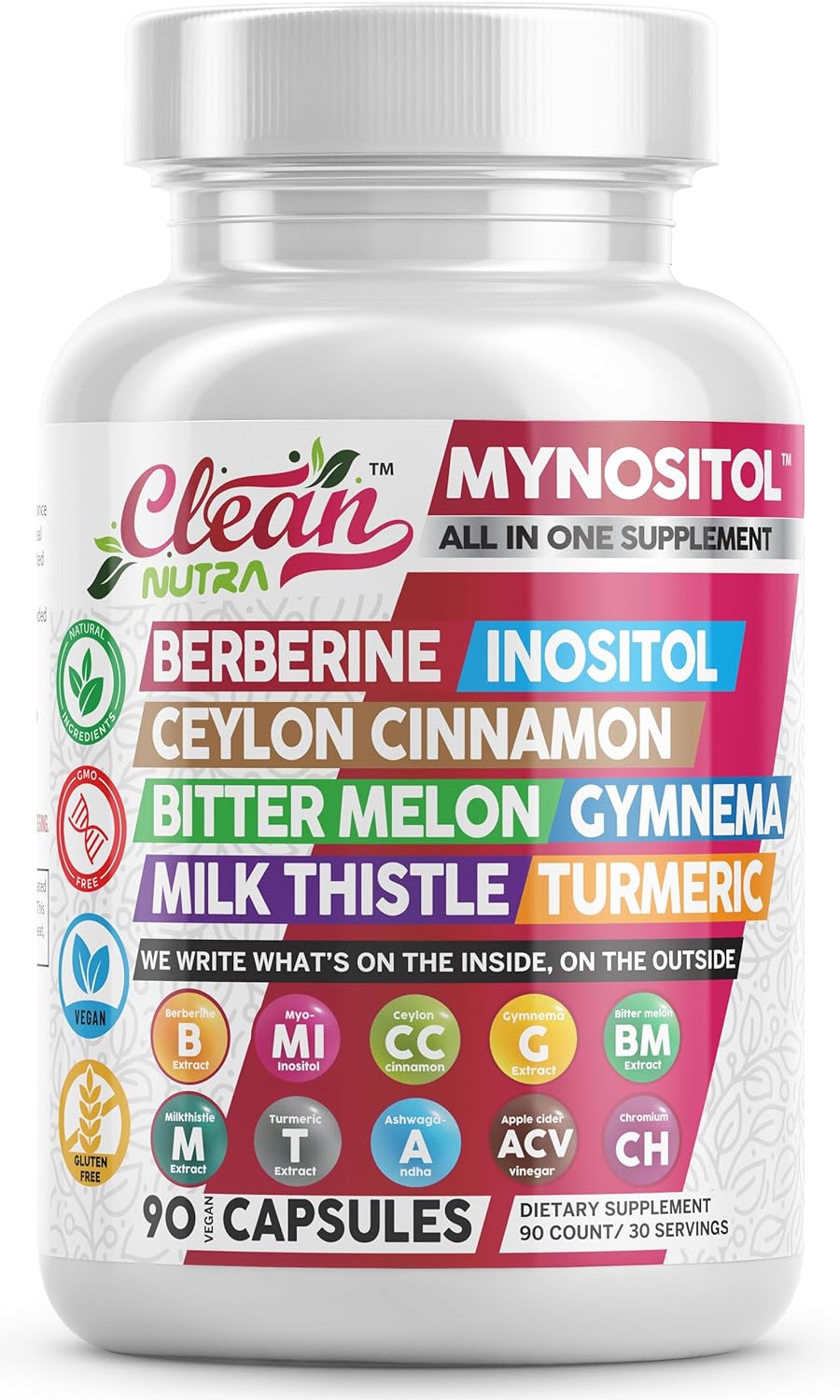 Clean Nutra Berberine Inositol Supplement With Ceylon Cinnamon, Bitter Melon, Gynema Sylvestre, Milk Thistle, Turmeric - 90 Vegan Vegetarian Capsules, Non-Gmo, Gluten Free - Berberine For Women Men