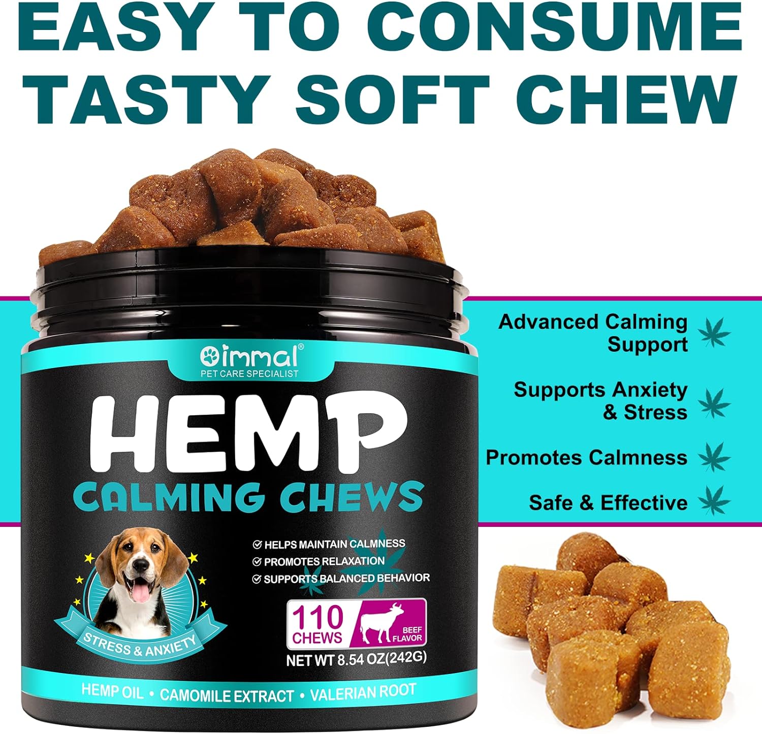 Hemp Calming Chews for Dogs, 110 Chews Beef Dog Calming Treats Anxiety Relief 100% Golden Ratio of Natural Ingredients Calming Dog Treats, Aid with Separation, Barking, Stress Relief, Thunderstorms : Pet Supplies