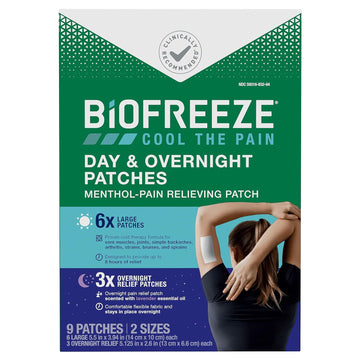 Biofreeze Day & Night Pain Relief Patches, Knee & Lower Back Pain Relief Patch, Sore Muscle Relief, Neck Pain Relief, Pharmacist Recommended, FSA Eligible, 9 Biofreeze Menthol Patches