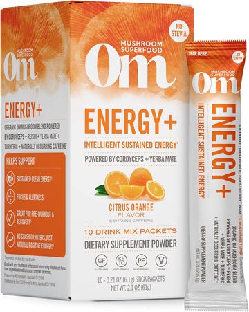 Om Mushroom Superfood Energy Plus Mushroom Powder Drink Mix, Citrus Orange, Single Serve, 10 Count, Mushroom Blend, Cordyceps, Yerba Mate, Tumeric, Vitamin B Complex, Pre-Workout, Immune Supplement