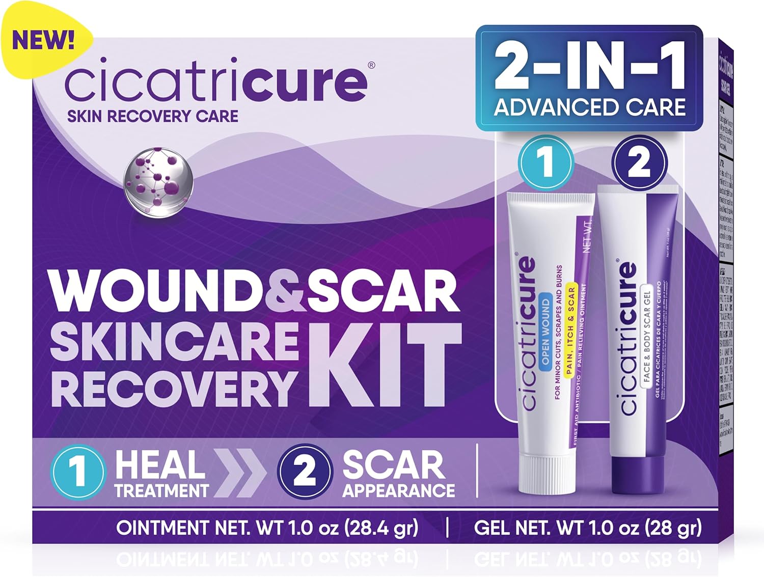 Cicatricure Skin Recovery Kit: Advanced Scar Gel & Open Wound Care Antibiotic Ointment, Reduces Stretch Marks, Surgical & Acne Scars, Treats Cuts & Burns, 1 Oz Each - For Adults & Kids