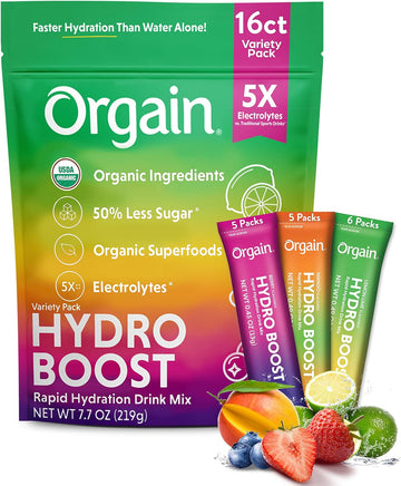 Orgain Organic Hydration Packets, Electrolytes Powder - Variety Pack Hydro Boost With Superfoods, Vegan, Gluten-Free, No Soy Ingredients, Non-Gmo, Less Sugar Than Sports Drinks, 16 Count