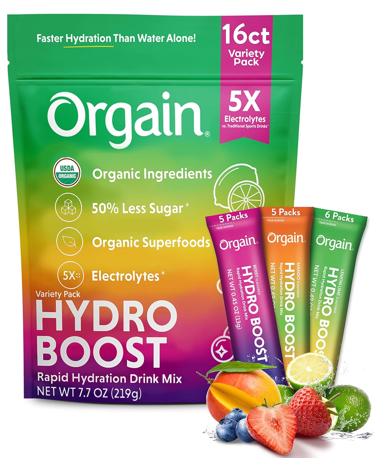 Orgain Organic Hydration Packets, Electrolytes Powder - Variety Pack Hydro Boost with Superfoods, Gluten-Free, Soy Free, Vegan, Non GMO, Less Sugar than Sports Drinks, Travel Packets, 16 Count