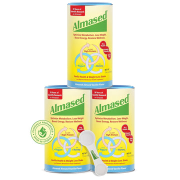 Almased Protein Powder For Weight Loss Kit For Men & Women, Natural Meal Replacement Shake For Weight Loss, Supplement, 24 Grams Of Protein Per Serving (Almond Vanilla Flavor, 3 Cans @ 17.6 Oz Ea + Scoop)