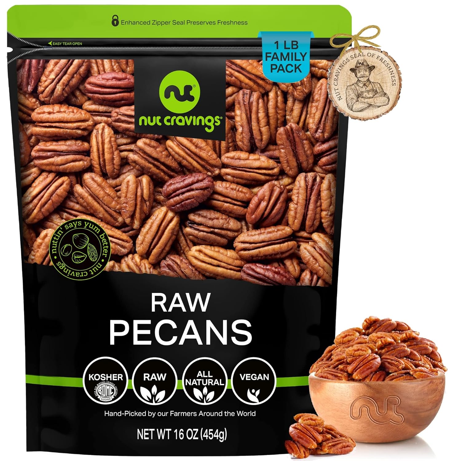 Nut Cravings - Raw Pecans Halves & Pieces, Unsalted, Shelled, (16Oz - 1 Lb) Bulk Nuts Packed Fresh In Resealable Bag - Kosher Healthy Snack, Natural Keto Vegan - Ideal For Trail Mixed Nuts